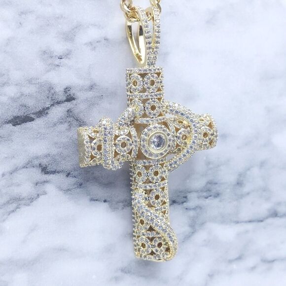 18"Cuban Chain + 14K Gold Finish Serpent Cross - Picture 10 of 12